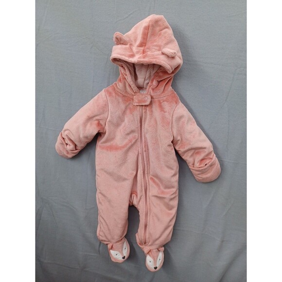 Just One You Carters Sz 6 month Hooded Footie Jumpsuit Winter Pink Fox Faux Fur - Picture 1 of 7